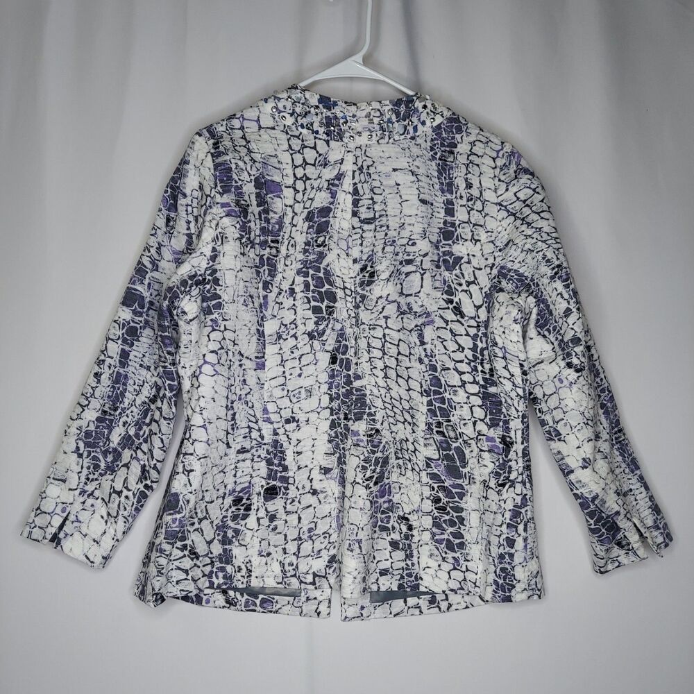 Chicos Blazer Jacket XL Purple White Cotton Textured Beaded Pocket 3/4 Hook-Eye - Picture 2 of 8